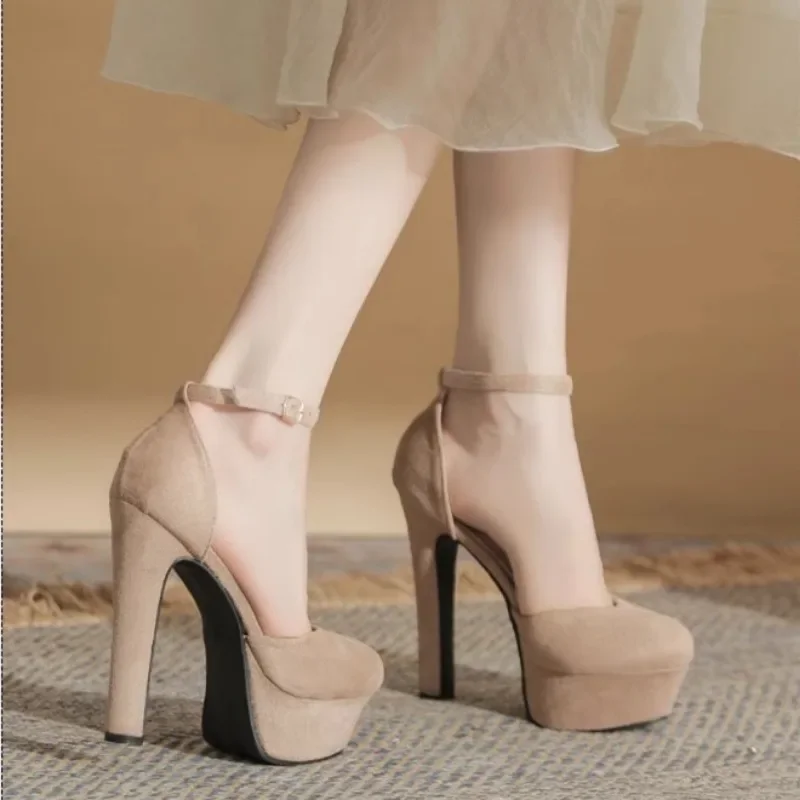 14CM Suede Platform Chunky Heel Women Sandals Temperament Mid Hollow Single Shoes Not Tiring Feet Ankle Buckle Strap Pumps