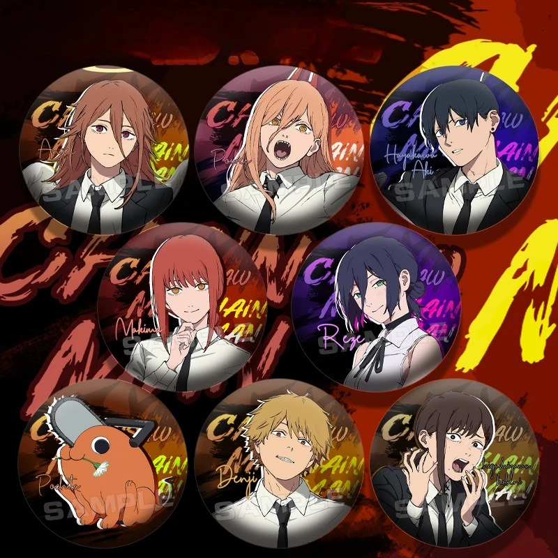 75mm Chainsaw Man Reflective Badge Pin Denji Reze Power Cartoon Button Badge Japanese Collectible Brooch for Fans Gift Giving