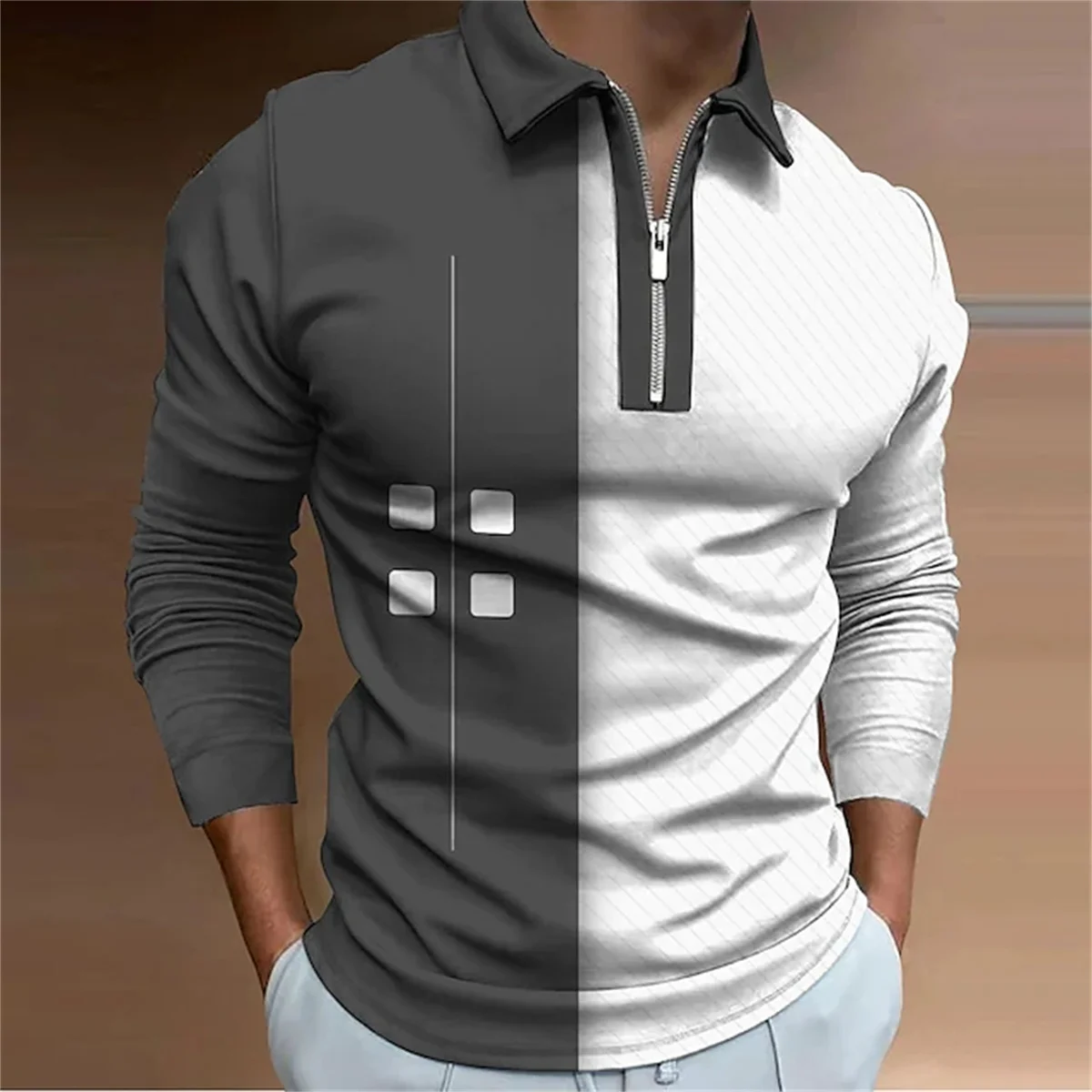 Primavera Outono Quatro-Quadrado Xadrez dos homens Camisa Polo de Manga Longa de Negócios Casual Botão Tops Moda Polo Camisas Homem Roupas