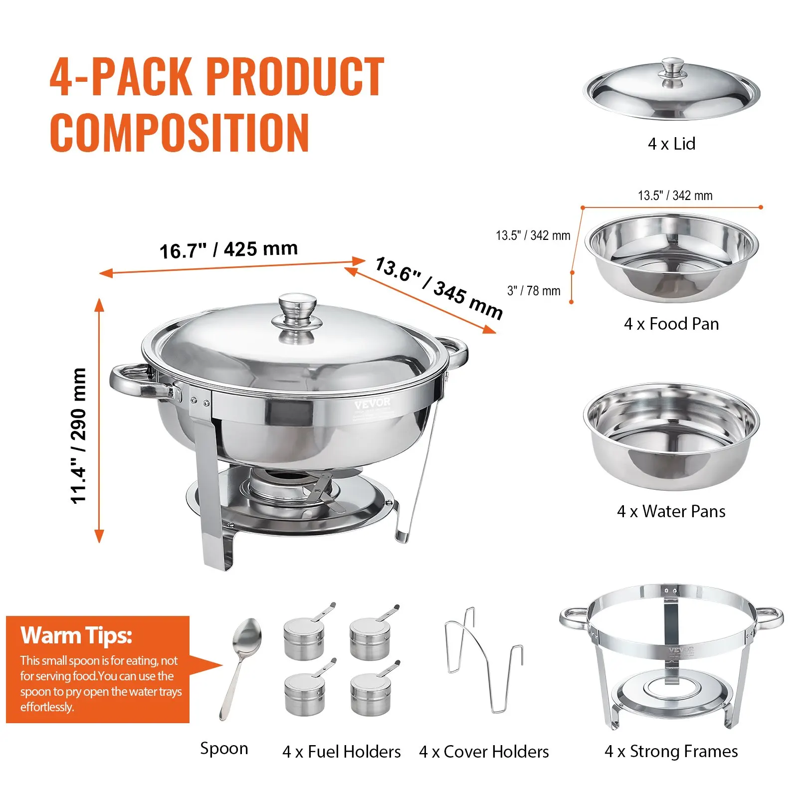 VEVOR 6QT 4Pack Round Chafing Dish Set Stainless Steel Buffet Chafer with Full Size Pan Glass Lid  Fuel Holder Catering Warmer