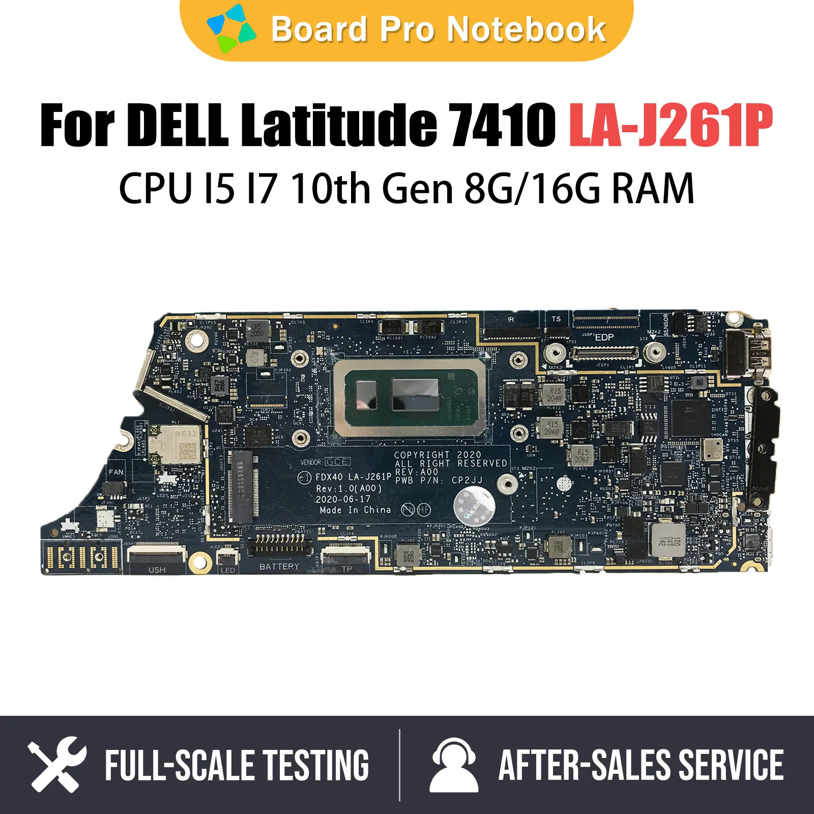 LA-J261P Mainboard For DELL Latitude 7410 Laptop Motherboard I5-10310U I7-10610U CPU 8G 16G RAM CN-0GYV1X 04J6CM 00N7RN