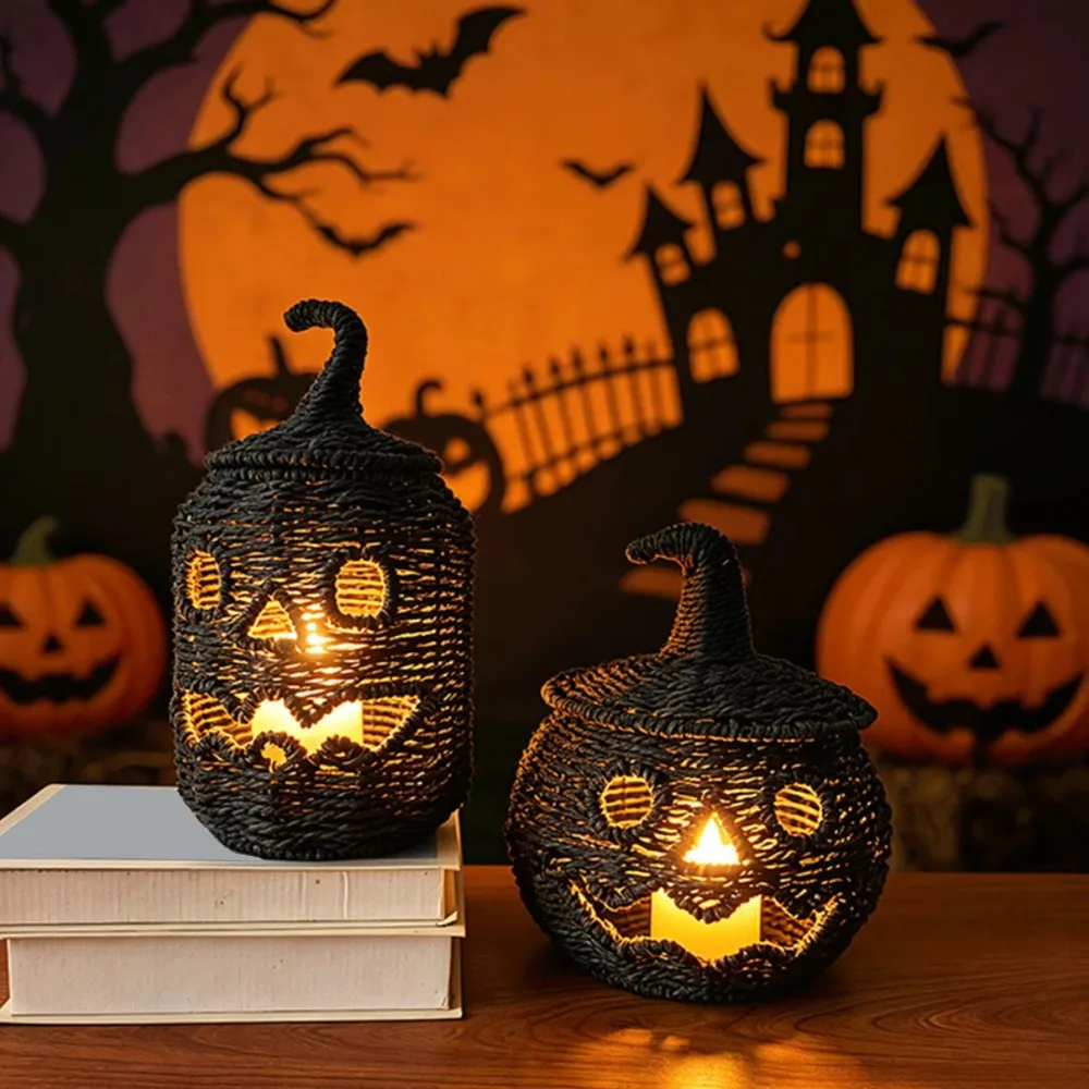 Handcrafted Halloween Woven Pumpkin with Removable Lid Rustic-style Handwoven Pumpkin Lantern Lamp Plastic