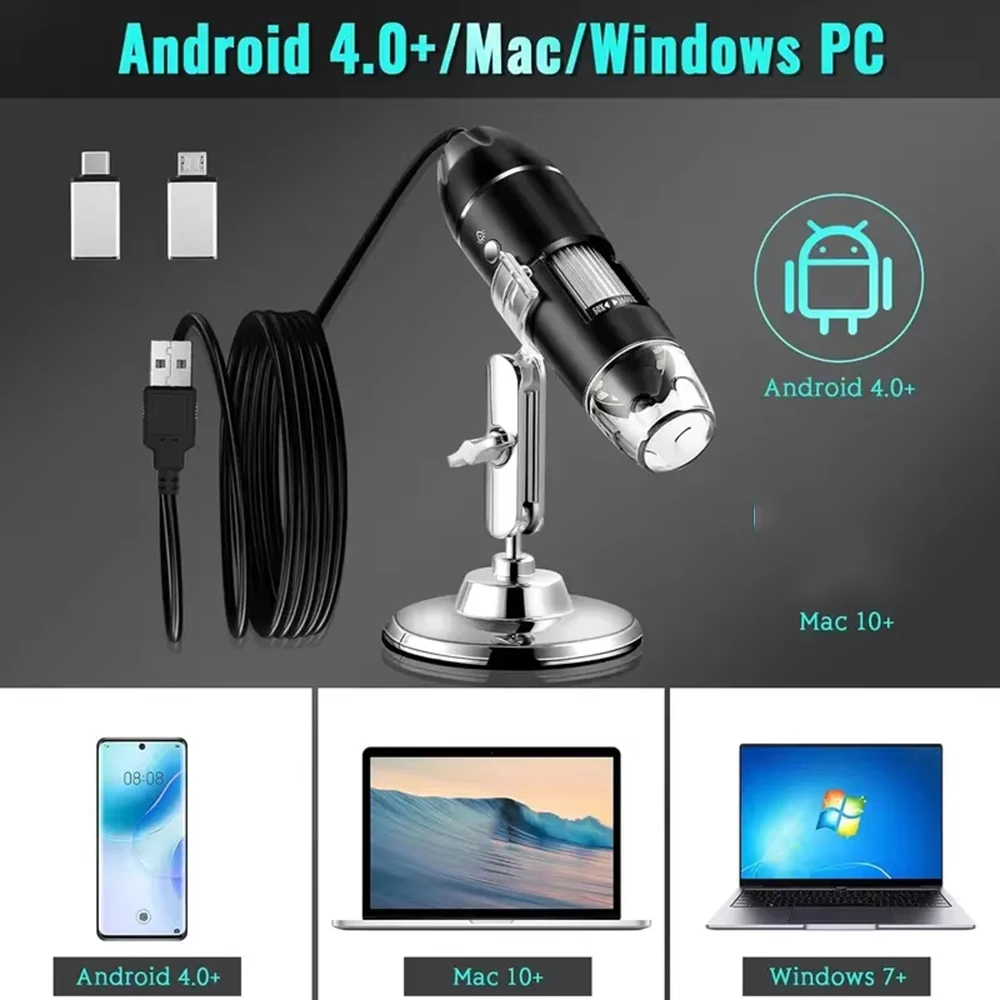 1080P HD 1600X USB Digital Soldering Microscope, 8 Adjustable LEDs + Metal Stand, UVC OTG Supported