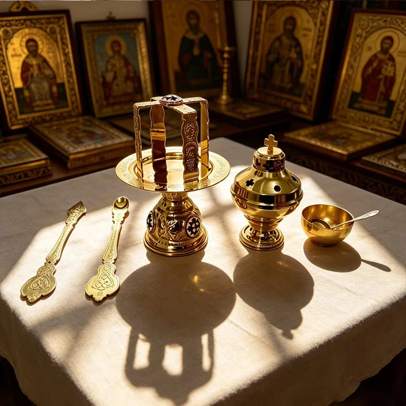 Orthodoxes Altar-Set aus Goldmetall mit Diskos und Sternchen sowie Weihrauchfass, Liturgisches Set für die Göttliche Liturgie, Byzantinische Kirchenartikel, Geschenk – Detail 4