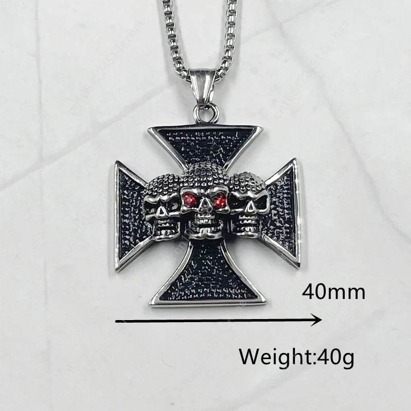 Men's Stainless Steel Black Knight Temple Cross skull Pendant Necklace with rhinestone Fashion Retro Punk Style Jewelry