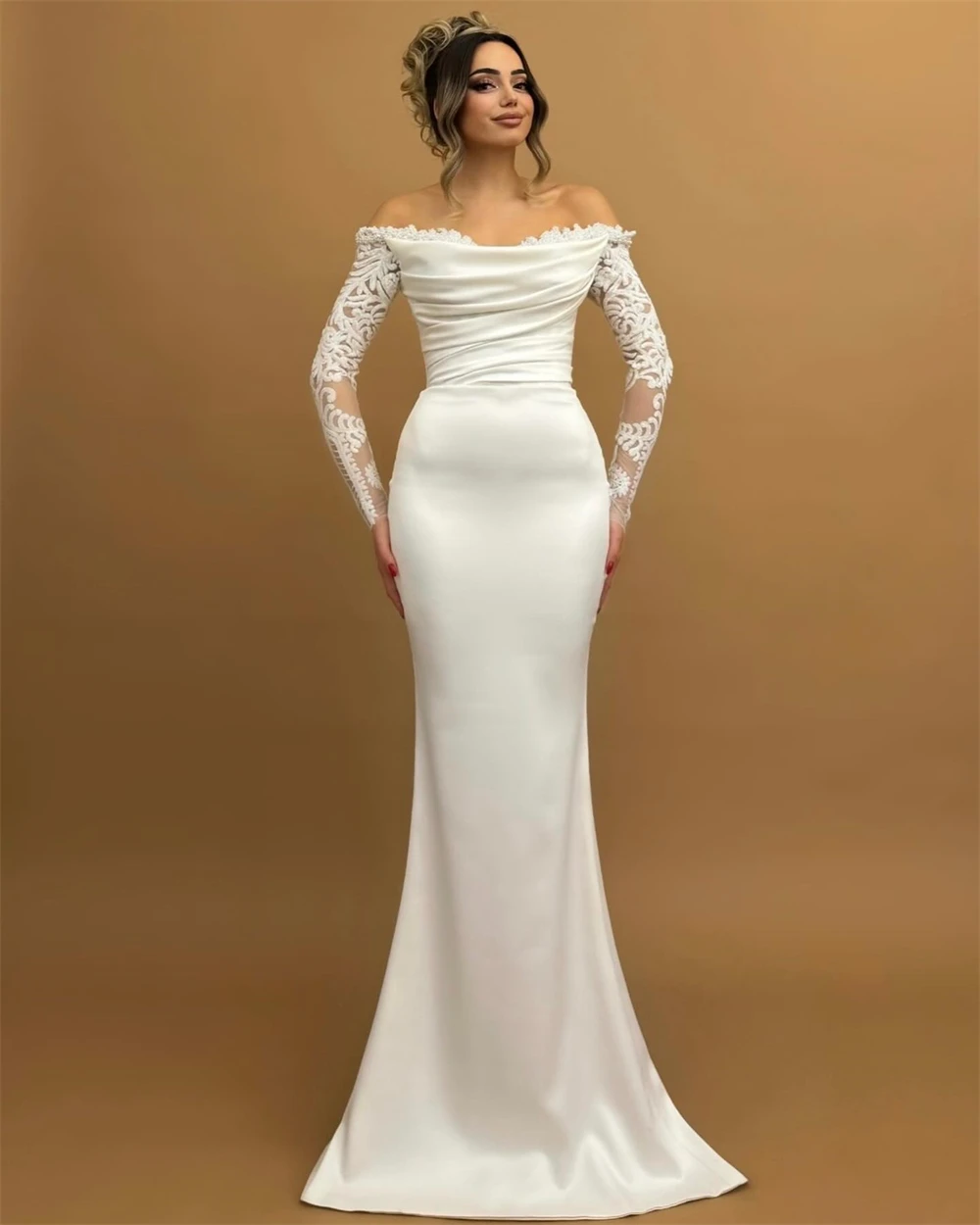 

Customized Mermaid White Satin Celebrity Gowns Charming Off the Shoulder Evening Dresses Exquisite Special Occasion Gowns