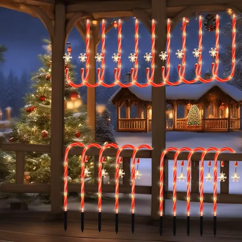 Luz solar de bastão de doces 5 em 1, decoração de Natal externa à prova d'água com padrão de floco de neve para quintal, gramado, entrada de automóveis, jardim