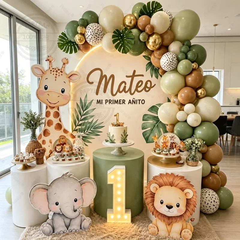 98pcs Jungle Safari Balloon Garland Arch Kit with Sage Green Brown Latex Balloons for Birthday Babyshower Party Decoration