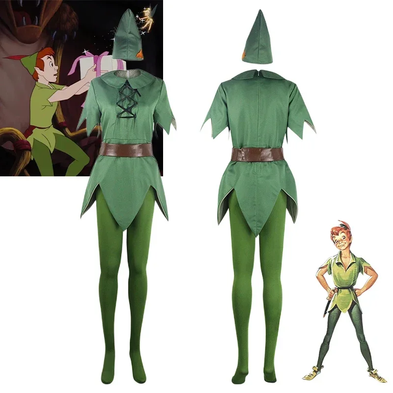 Peter Pan Role Playing Costume Movie Peter Pan Green Elf Cloth Set Hat Uniform Halloween Carnival Costume