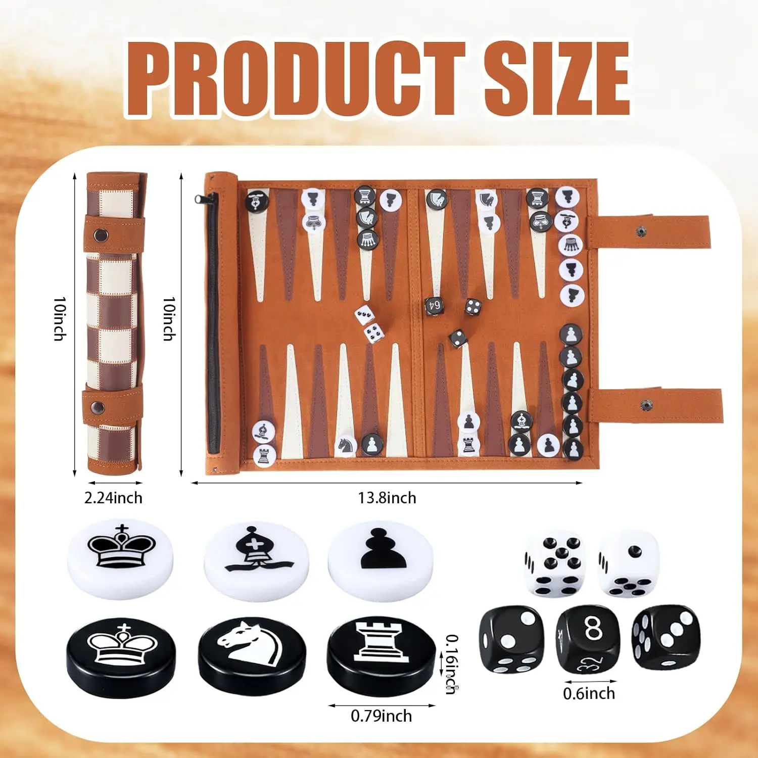 Set da backgammon arrotolabile 3 in 1 con 32 pezzi di legno, 5 dadi, tavolo da gioco portatile in pelle per adulti – 13,8x10 pollici