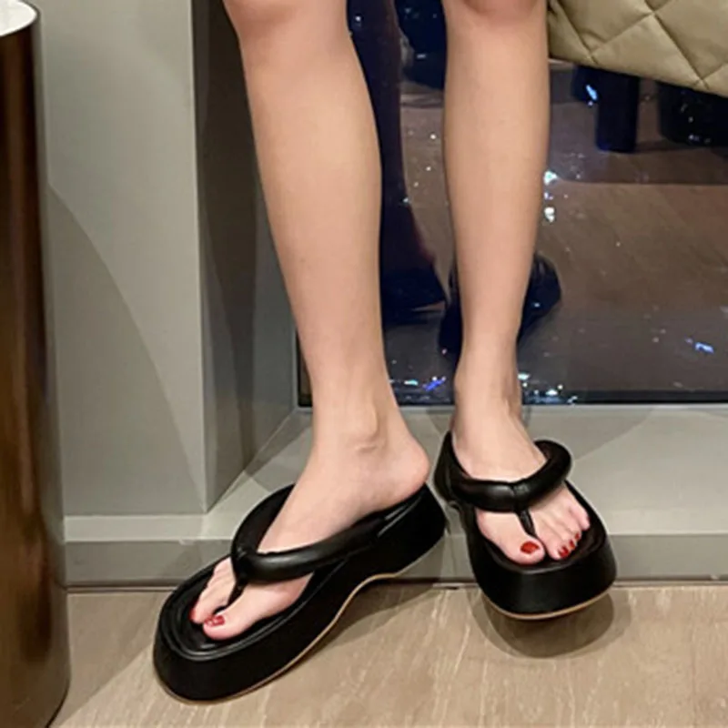 Women\'s Platform Flip Flops 2024 Summer Chunky Heel Beach Sandals Woman Casual Outer Wear Slippers Solid 4cm Heeled Slides Shoes