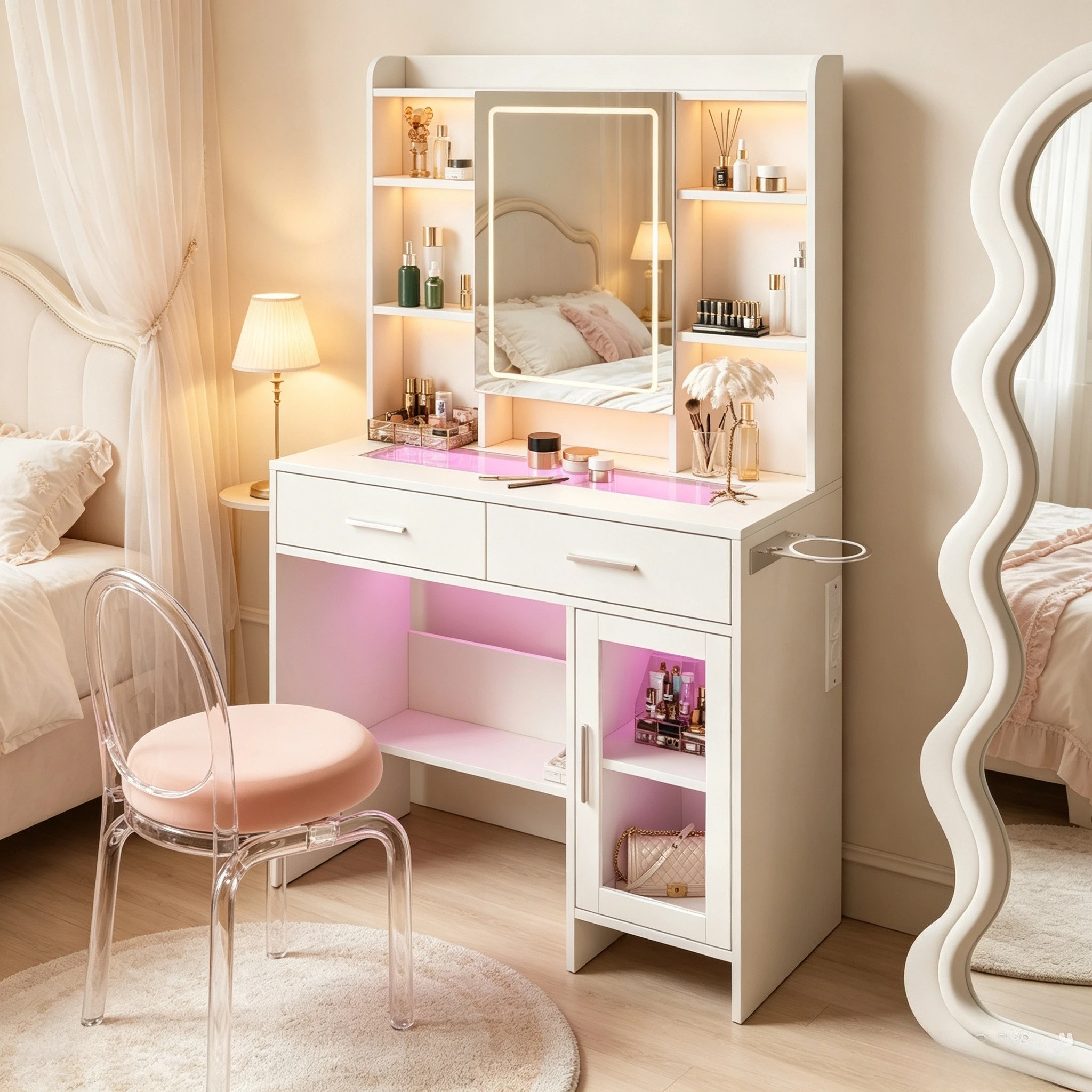 Rosahqnda Coiffeuse de maquillage 90x40x145 cm avec plateau en verre, miroir LED, 2 tiroirs, 1 porte, support pour sèche-cheveux, meuble de chambre, blanc