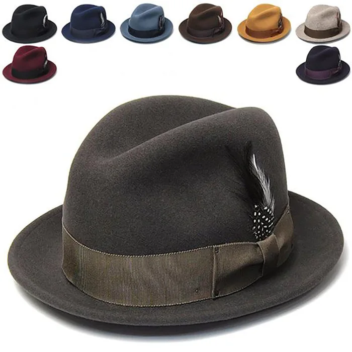 

European and American Style Short-Brimmed Top Hat Pure Wool Hat Butterfly-Patterned Ribbon-Decorated Wool Felt Fedora Hat