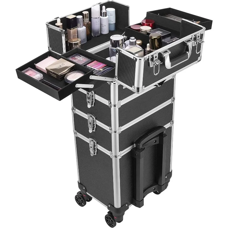 Makeup Rolling Train Case Aluminum Trolley Professional Cosmetic Organizer Box (Cosmetic Are Not Included)