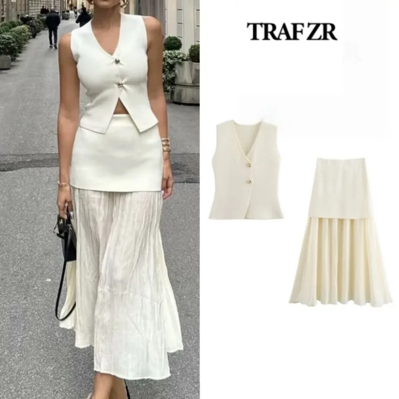 TRAF ZR Sets Party Dresses Holiday Sets for Women 2 Pieces Women\'s Midi Skirt Outfit summer Korean Style Two Piece Knit Set