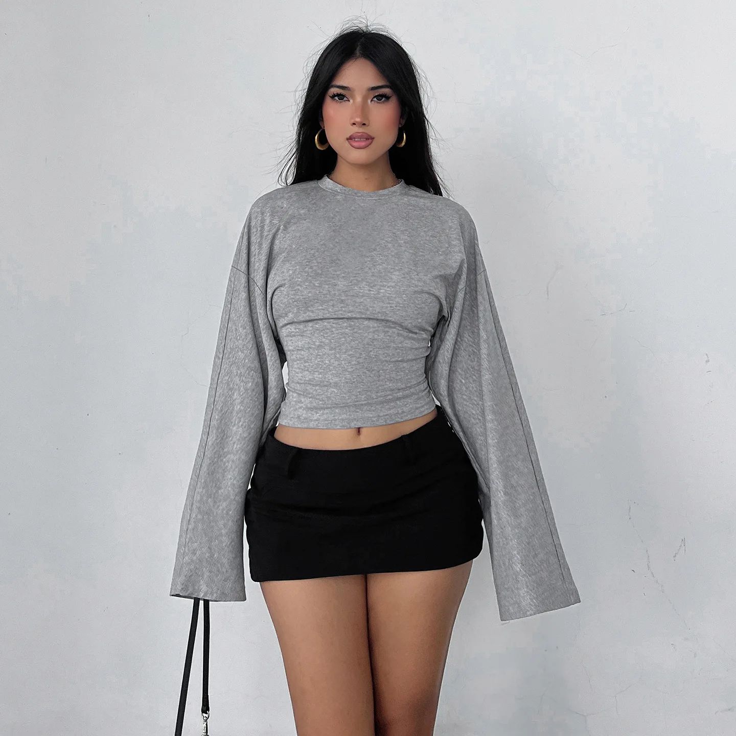 

Women Base Layer 2026 Spring Summer American Street Style Casual Crew Neck Loose Crop Top Versatile Fashion Long Sleeve T Shirt