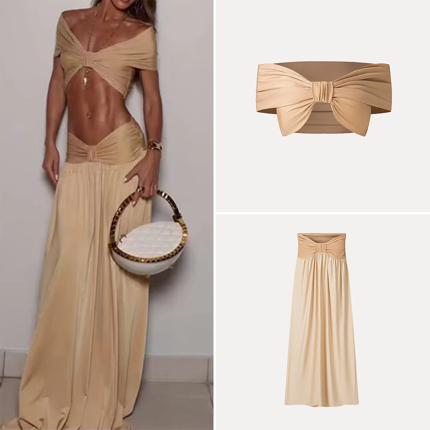 

Elegant Pleated Long Skirt And Top Set Women's Fashion Spring Collection Versatile Outfit Matching High Waist Design