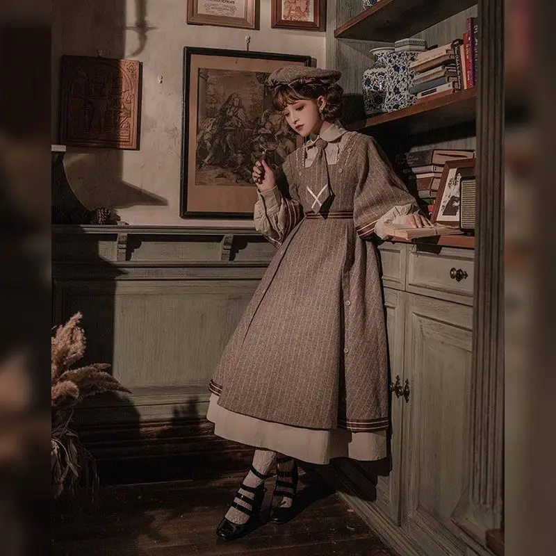 Coalfell Autumn and Winter Military Style Temperament Vintage Detective Woolen Dress with Tie Lolita 2023 New Edition