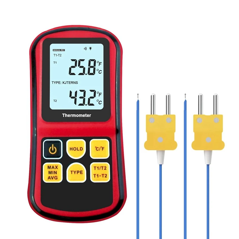 

Digital Thermocouple Thermometer, Dual Channel Thermometer With Two K Type Probes LCD Display Temperature Meter