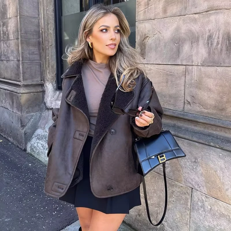

Fall Winter Thick Faux Leather Jacket For Women Single Button Loose Warm Coat With Faux Lamb Fur Lining Lined Pockets
