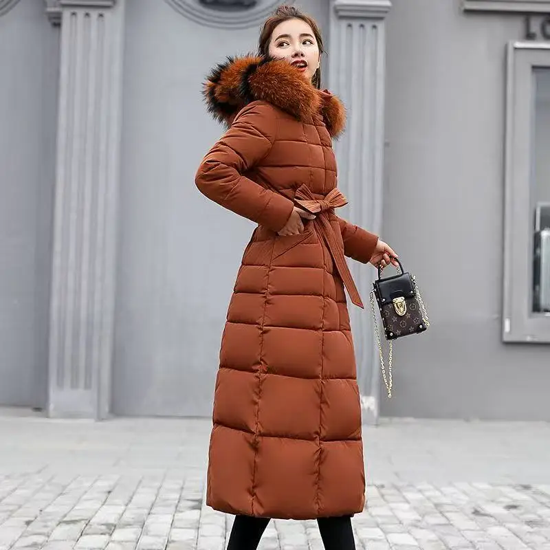 2025New Women's Sweater Collar Cotton-padded Winter Fashion Temperament Socialite Long Belt Waist Duck Down Down Jacket Coat Top