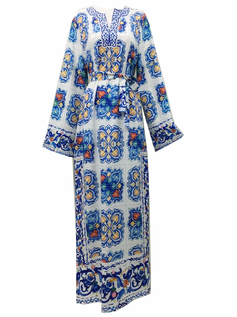 Bohemian Strand Avondjurk Vakantie Blauw En Wit Print Zomer Volledige Mouwen Prom Feestjurk Boho Zonnejurk Zonnejurk Zonnejurk Badkleding