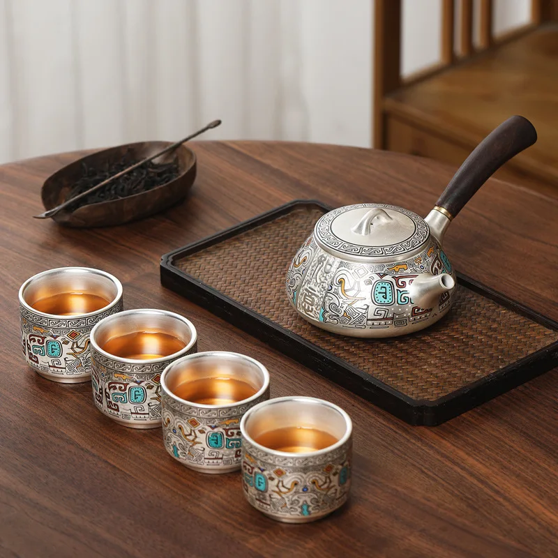 

5 Pcs 999 Silver-plated Tea Set Exquisite Bone China Tea Pot Tea Cup Set Chinese Kung Fu Travel Tea Set Tea Accessories