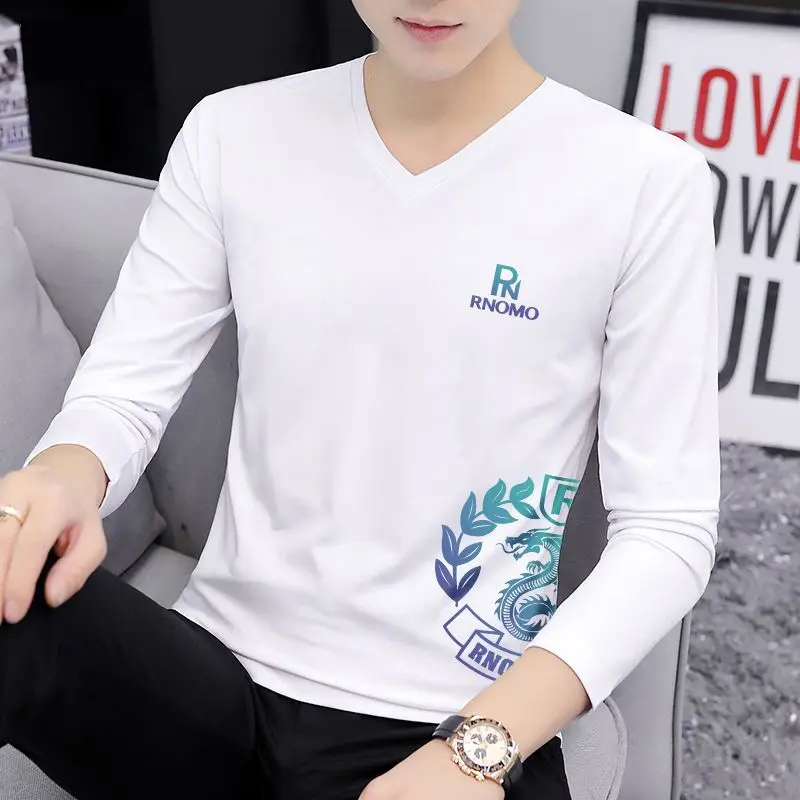 

Мужская хлопковая футболка с длинным рукавом, новинка 2026, весенне-осенний модный деловой повседневный топ с v-образным вырезом и базовым слоем