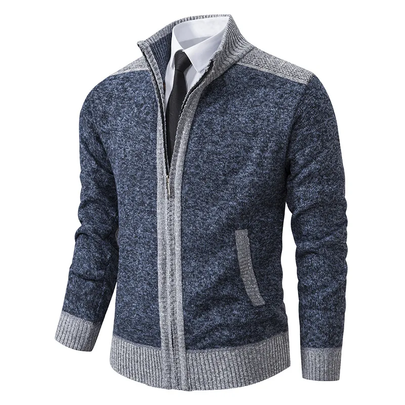 Autumn and Winter New Jacket Plus Size Fat Guy Zipper Sweater Thickened and Fleece Men's Spliced Cardigan Mock Neck Sweater