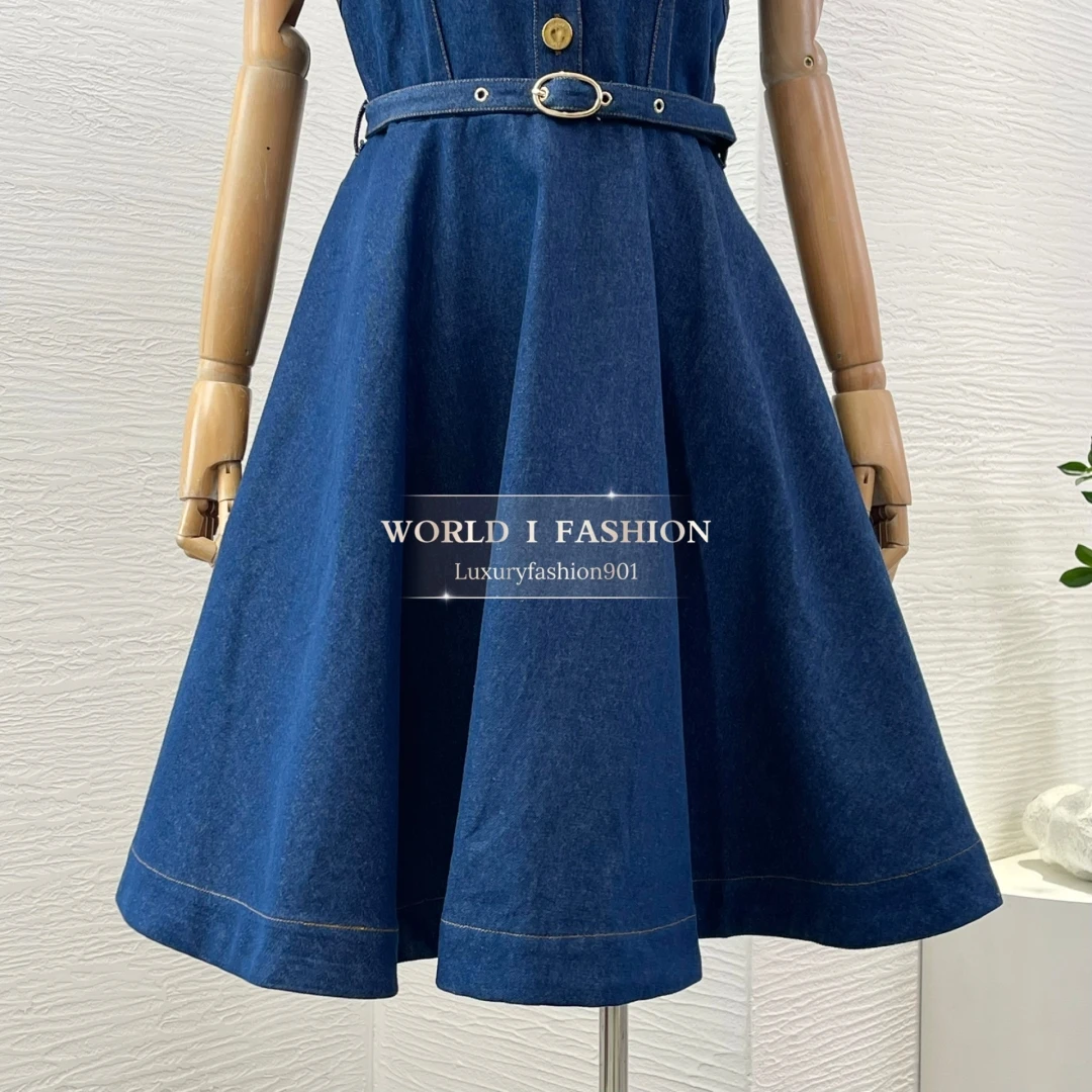 

Cotton 2025 New Fashion Navy Blue Denim Lapel Short Sleeve Pleated Mini Dress