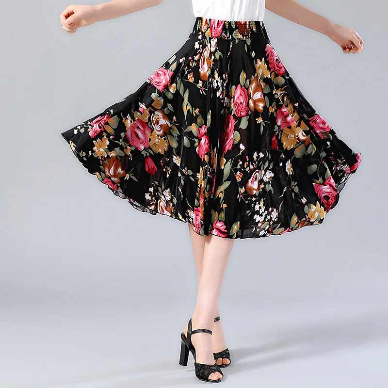 Middle-Aged and Elderly Dancing Dress Skirt Summer Women's Mom Clothing plus Size Elastic Waist Mid Skirt Sundress Heather Dress