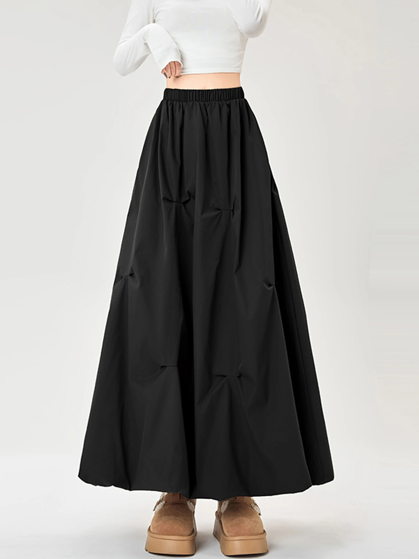 Gonna a trapezio con bocciolo increspato asimmetrico retrò Gonna longuette sottile a vita alta Ampia svasatura Primavera Autunno Gonne versatili multicolori