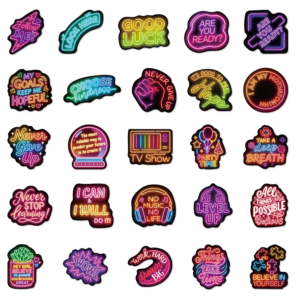 10/30/50pcs Colorful Neon Inspirational English Quotes Stickers DIY Laptop Phone Case Water Bottle Funny Cartoon Creative Decals 6