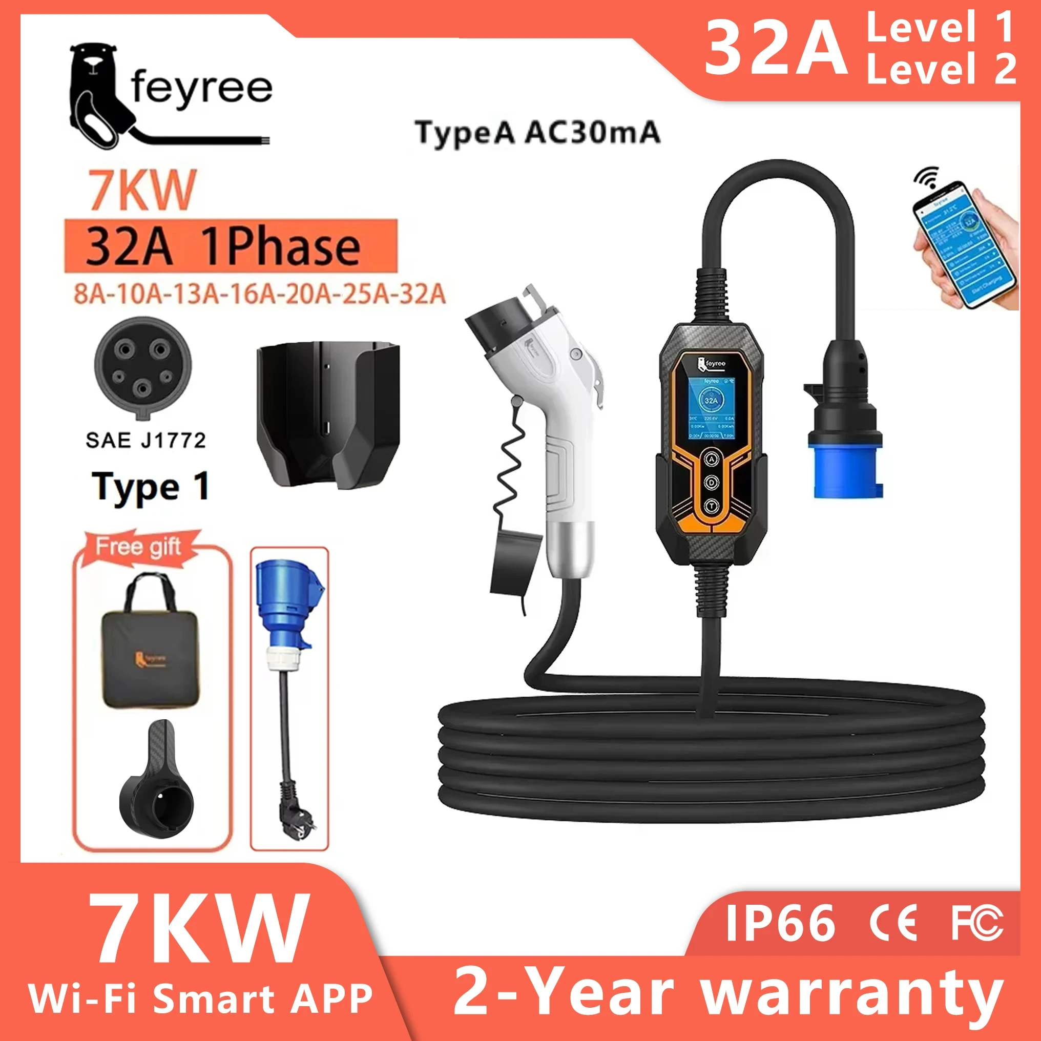 

Feyree Type1 Plug j1772 32A 7KW 1P Портативное зарядное устройство для электромобилей с настенным креплением через приложение Ctrl EVSE Портативный зарядный блок для электромобиля