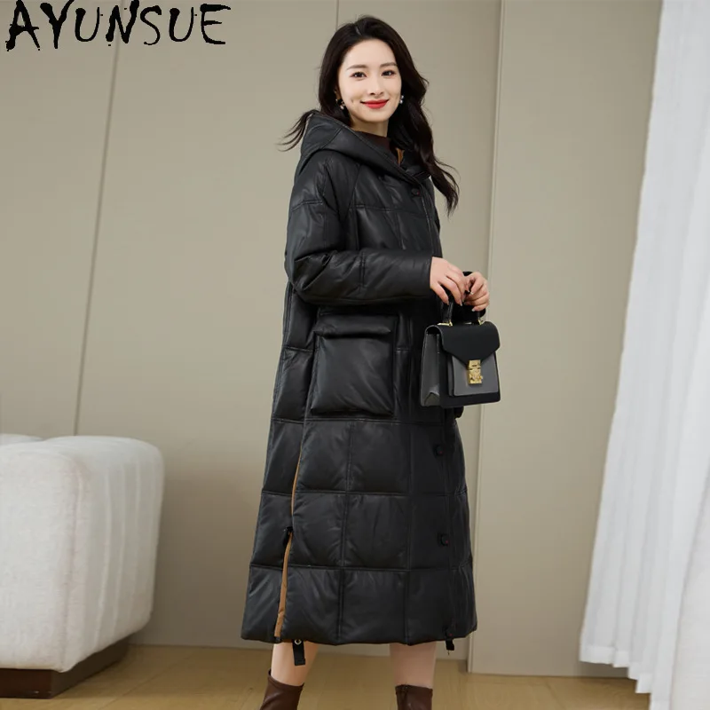 AYUNSUE 100 % Oberschicht Schaffell Echtes Leder Daunenjacke Damen Winterkleidung 2025 Mittellanger 90 % weißer Gänsedaunenmantel