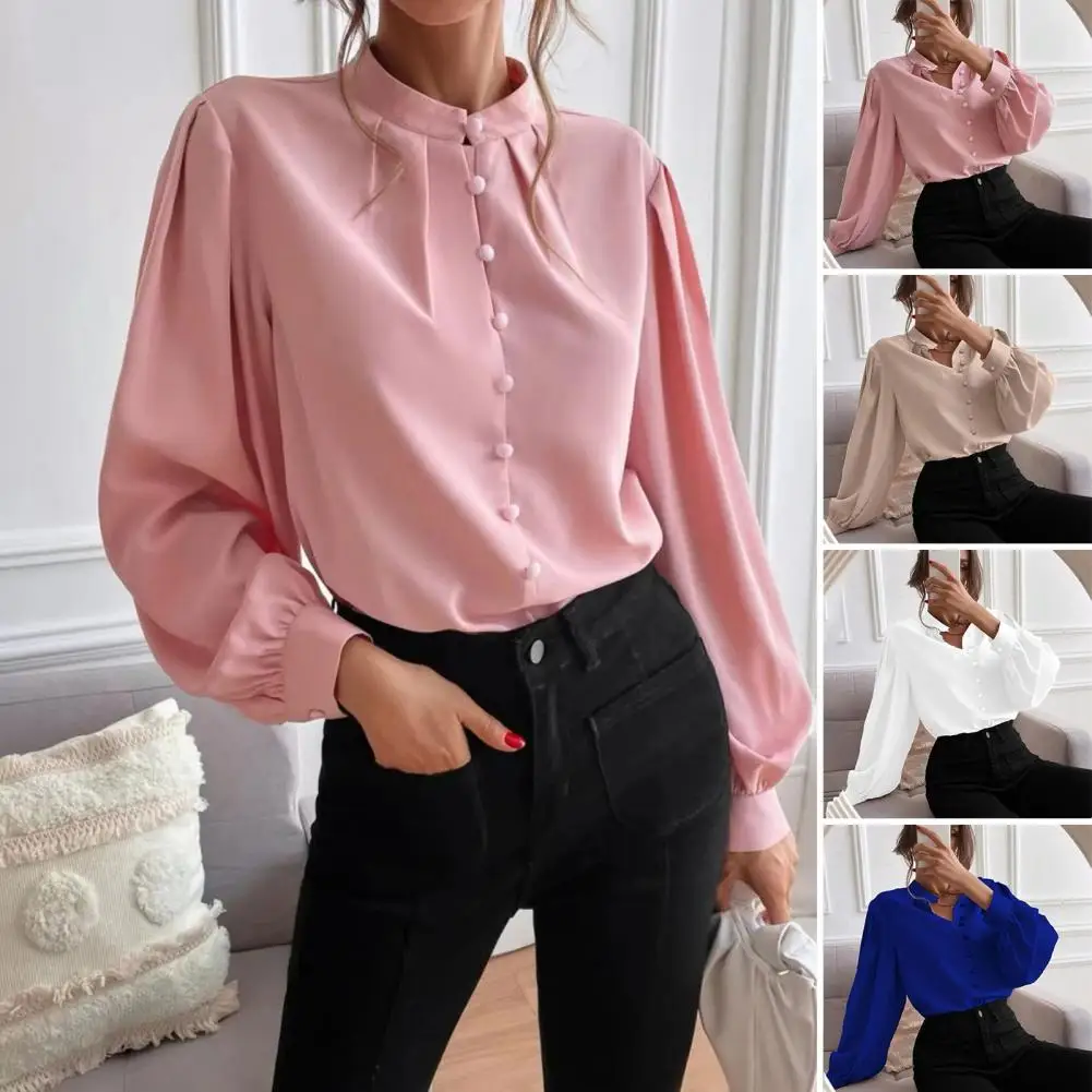 

Solid Color Stand-up Collar Shirt Elegant Stand Collar Lantern Sleeve Women's Shirt Tops in Solid Colors Loose Fit for Stylish