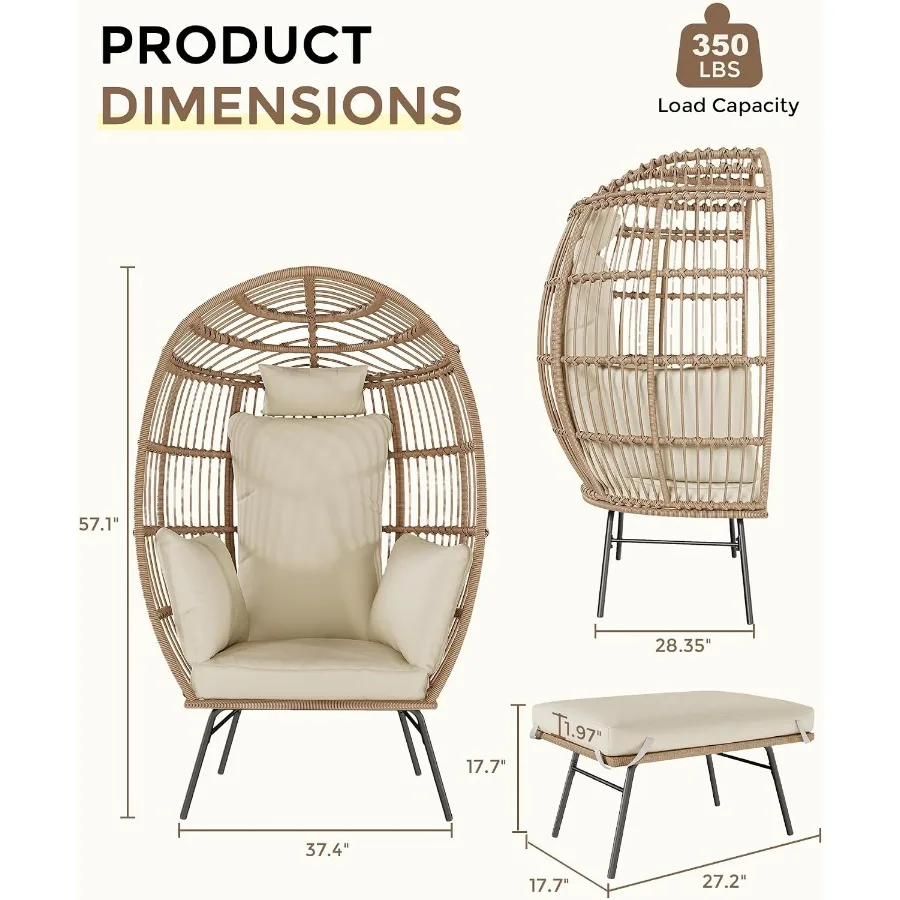 Oversized Wicker Egg Chair with Ottoman, Egg Shaped Lounge Chair with Thick Cushion, Rattan Basket and Steel Frame for Indoor O