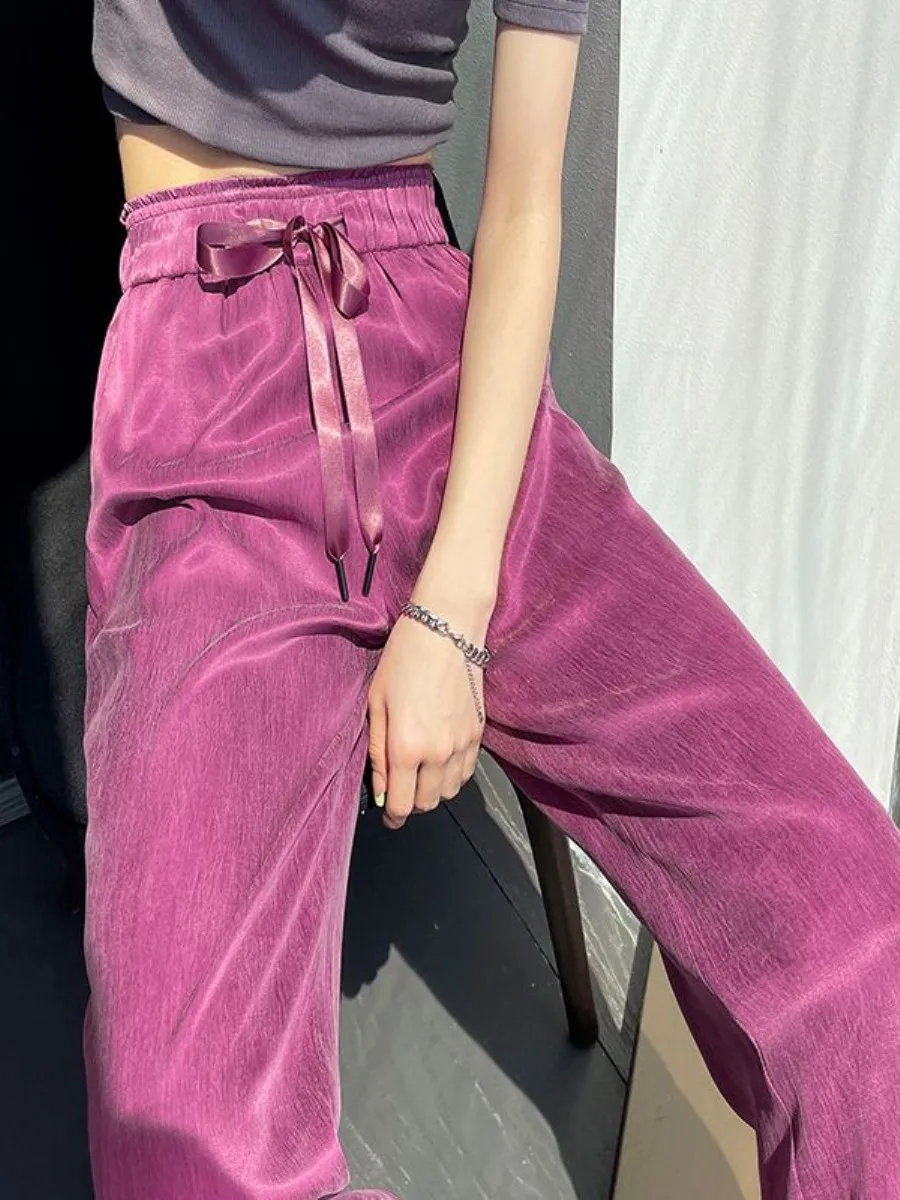 purple-satin-ice-silk-wide-leg-pants-women's-thin-loose-high-waist-drapey-health-ring-knee-pad-exercise-jewelry-accessories