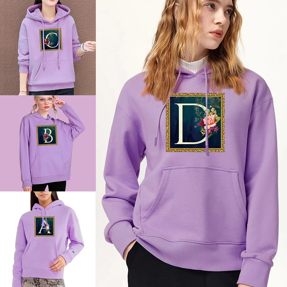 

Flower Series Print Pattern Fashion and Comfortable Purple Hoodie Loose Pocket Sports Shirt Women's Casual Hip Hop Sports Hoodie