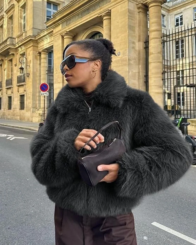 

Модная уличная стильная осенне-зимняя шуба из искусственного меха на молнии с лацканами, повседневная короткая куртка из лисьего меха для женщин