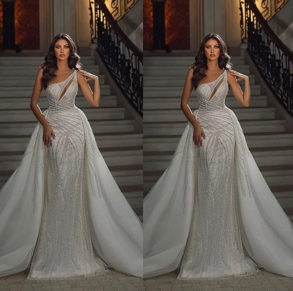 

Luxury Wedding Dresses Mermaid One Shoulder Beads Sequins Detachable Train Sleeveless Bridal Gowns Vestido De Noiva Custom Made