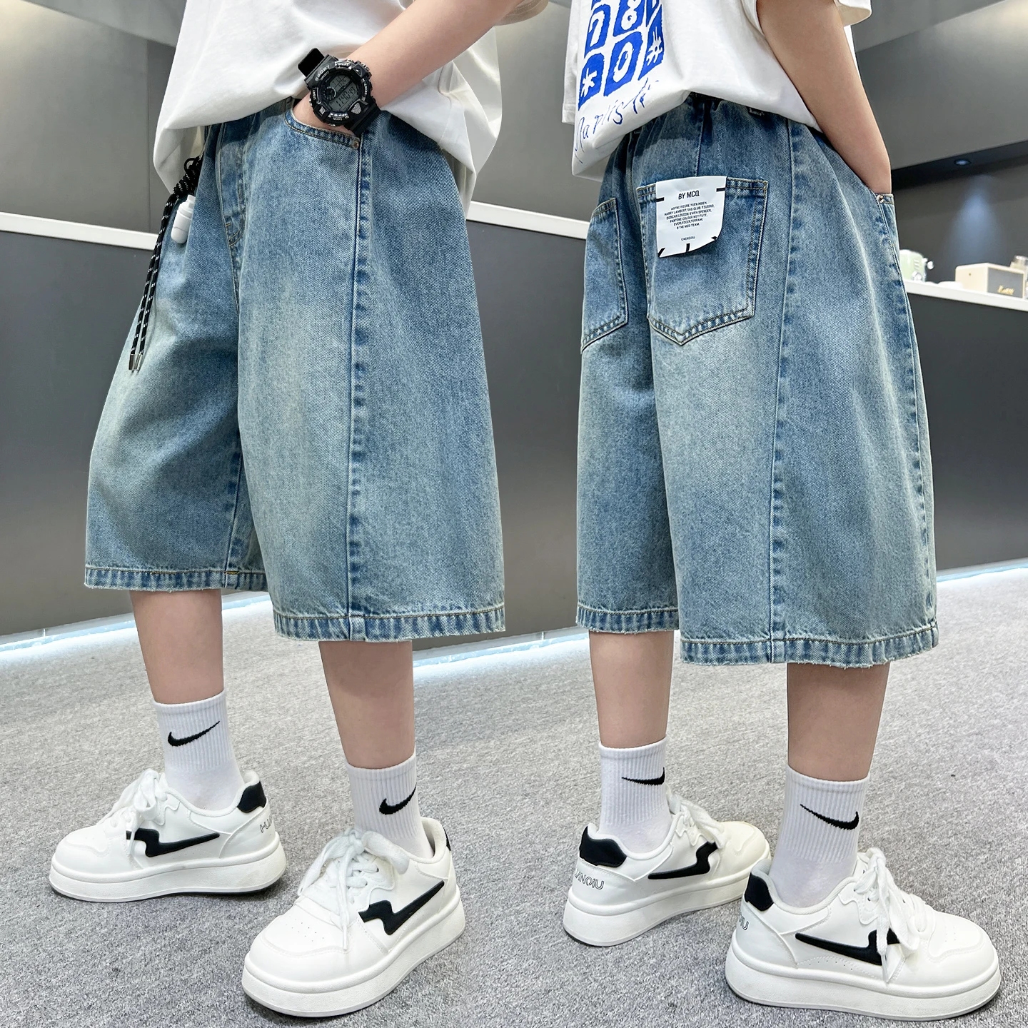 

Summer Kids Child Casual Retro Blue Denim Shorts for Boys Baggy Jeans Capris Knee Length Pants Size 5 6 7 8 9 10 11 12 13 14 Y