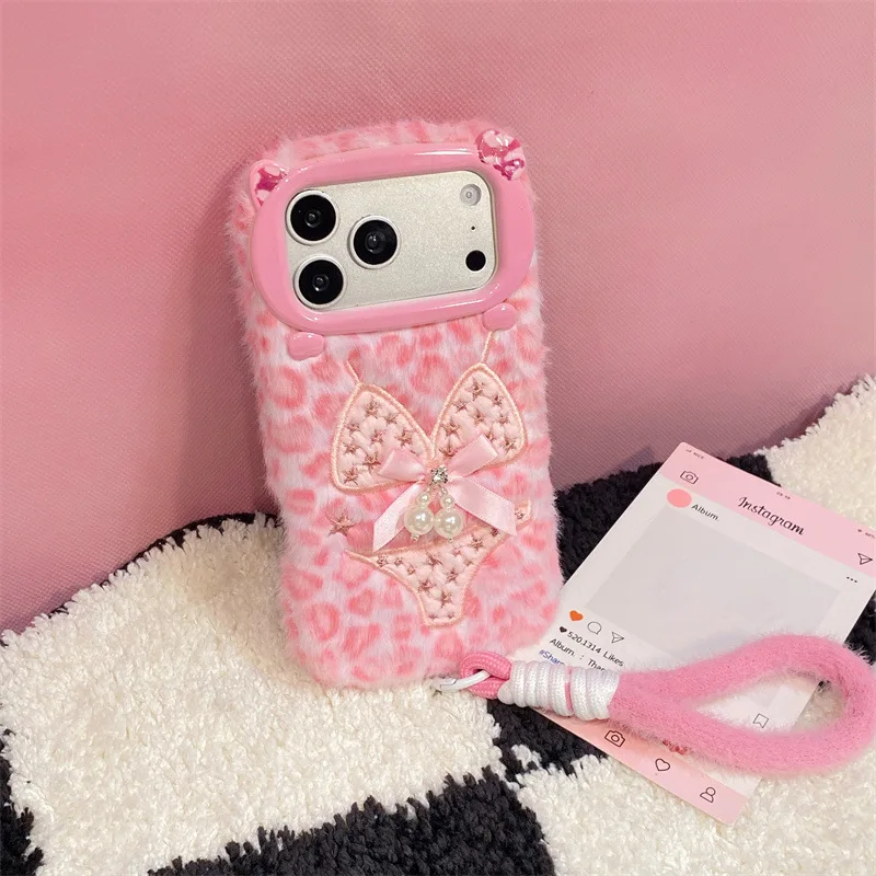 Luxury Leopard Print Bikini Pattern Plush Phone Case For iPhone 17 Air 16 15 14 13 12 11 Pro Max With Lanyard Shockproof Cover view 5
