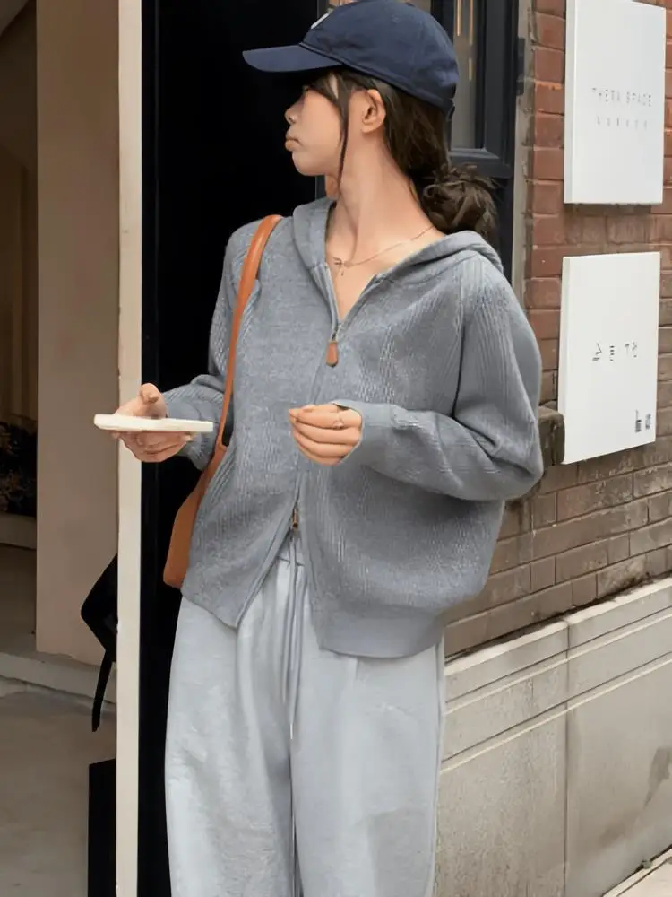 

ay Hooded Knitted Open Cardigan Women's Loose Slimming Design Long Sve Knitted Top Korean Sle Commute Faion 2024 New...