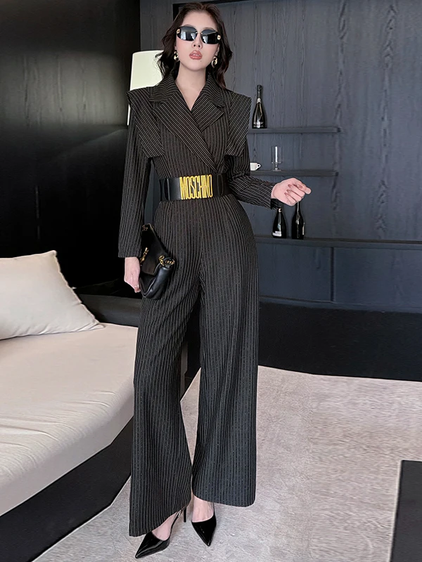 

Spring 2026 Women's Faion Slim Fit Striped One-Piece Pants High Waist Wide Leg Long Sve High Quali Polyester Fiber