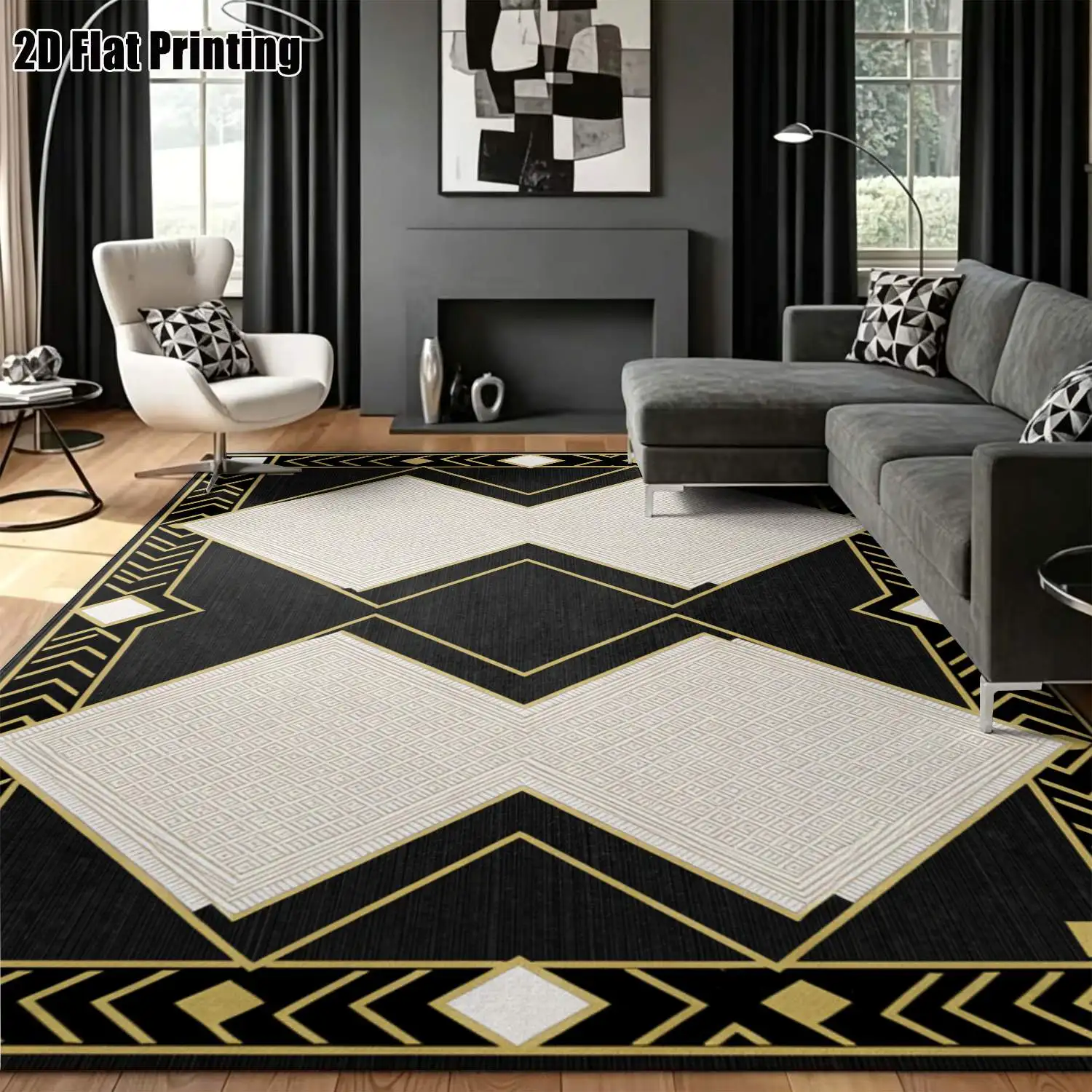 1Pc 2D Printed Carpet: Black Base, Gold Frame Geometric Patterns Nordic/Modern Minimalist/European/Vintage Designs, Machine Washable, Multiple Sizes, Ideal for Home Decor, Entryway/Dining Room/Foyer/Bedroom/Living Room.