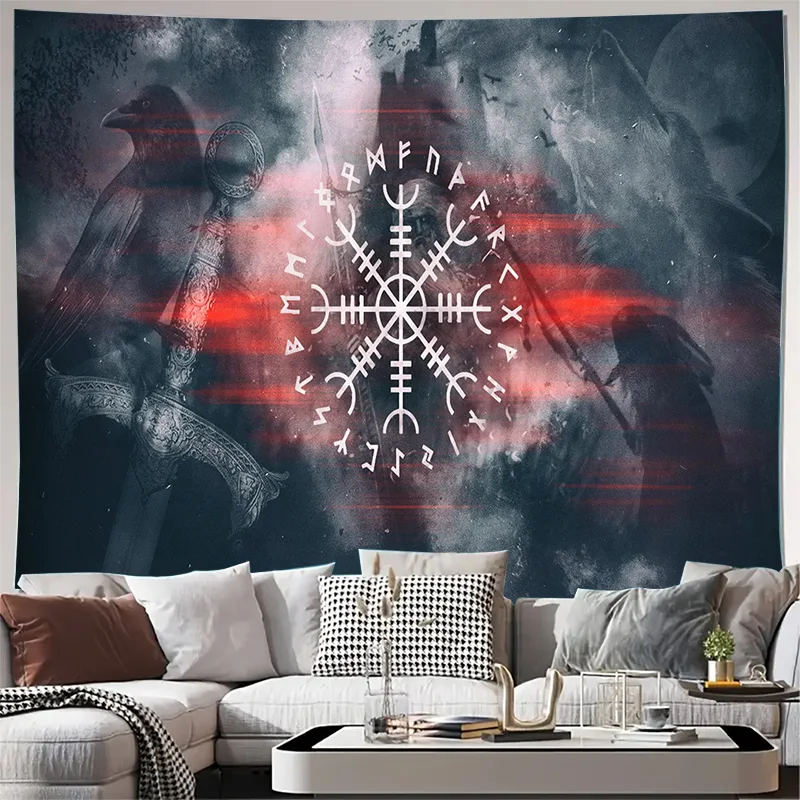 Raven Sword and Wolf in Misty Dark Background Wall Tapestry Machine Washable All Season Decor Print Home Durable materials