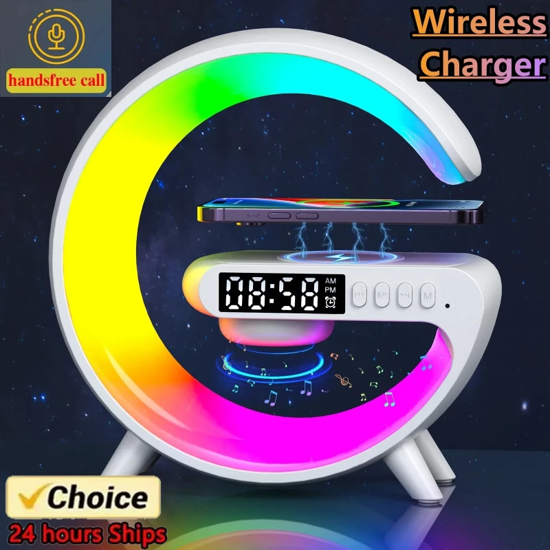 Wireless Speaker Smart Wake LED Up Light RGB Night Light with 15W Wireless Rechargeable Desk Lamp for Bedroom Bedside Game Room