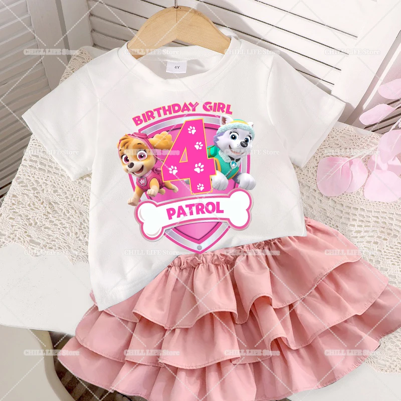 Paw Patrols Girl Number T Shirt Puff Cartoon Dog Skye Everest Kids Birthday Clothes Set Short Sleeve Tops Dress Suit