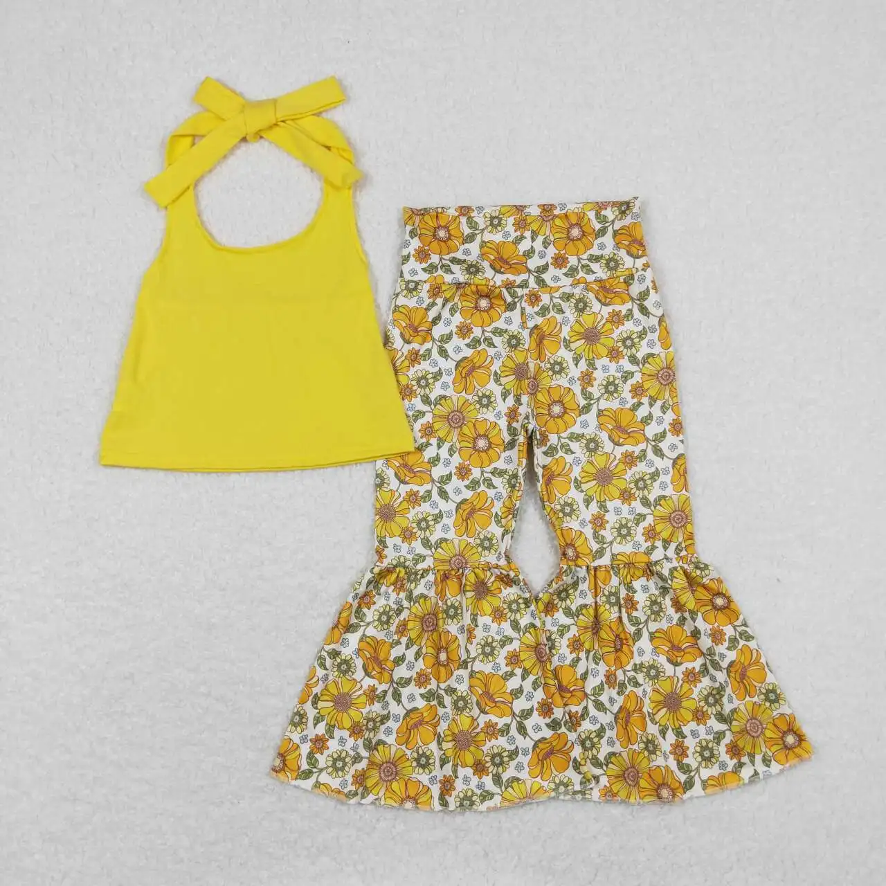 

Toddler Girls Yellow floral Outfits Boutique wholesale spring Clothing baby short Sleeves bell bottom Sets Children clothes